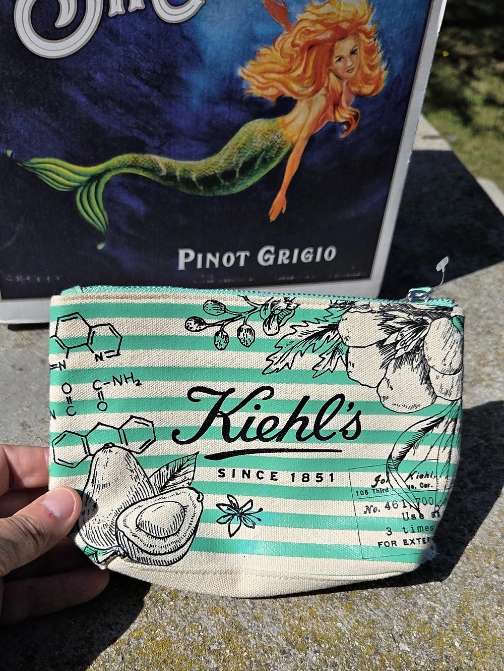 Kiehl's Mint Green Striped Canvas Cosmetic Pouch